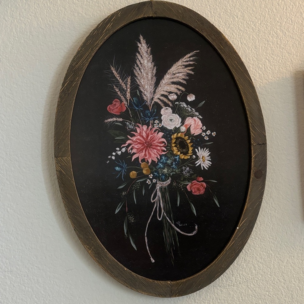 Oval Floral Wall Art - Black Background with Pink, White & Yellow Bouquet